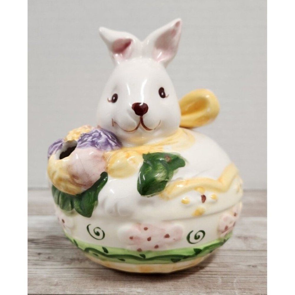Bunny Tea Pot for Spring Easter Bow Stopper Ribbon Handle Yellow Flowers 4.5"